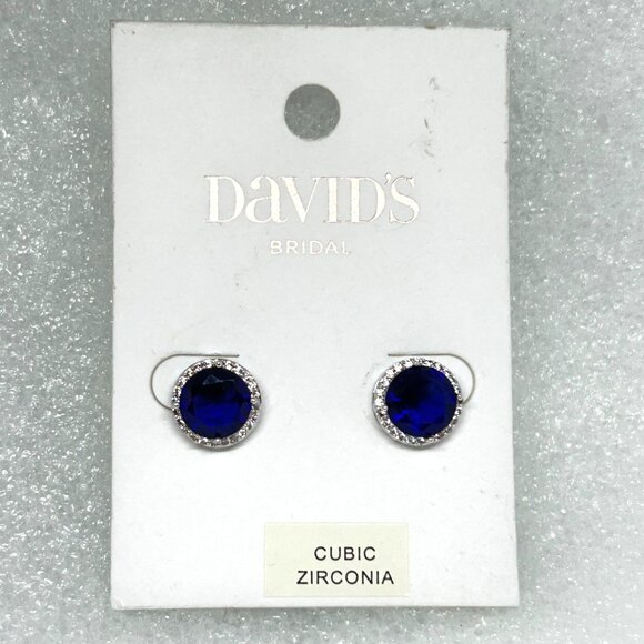 David's Bridal Cubic Zirconia Sapphire Blue Halo Post Earrings NWT - Picture 1 of 8